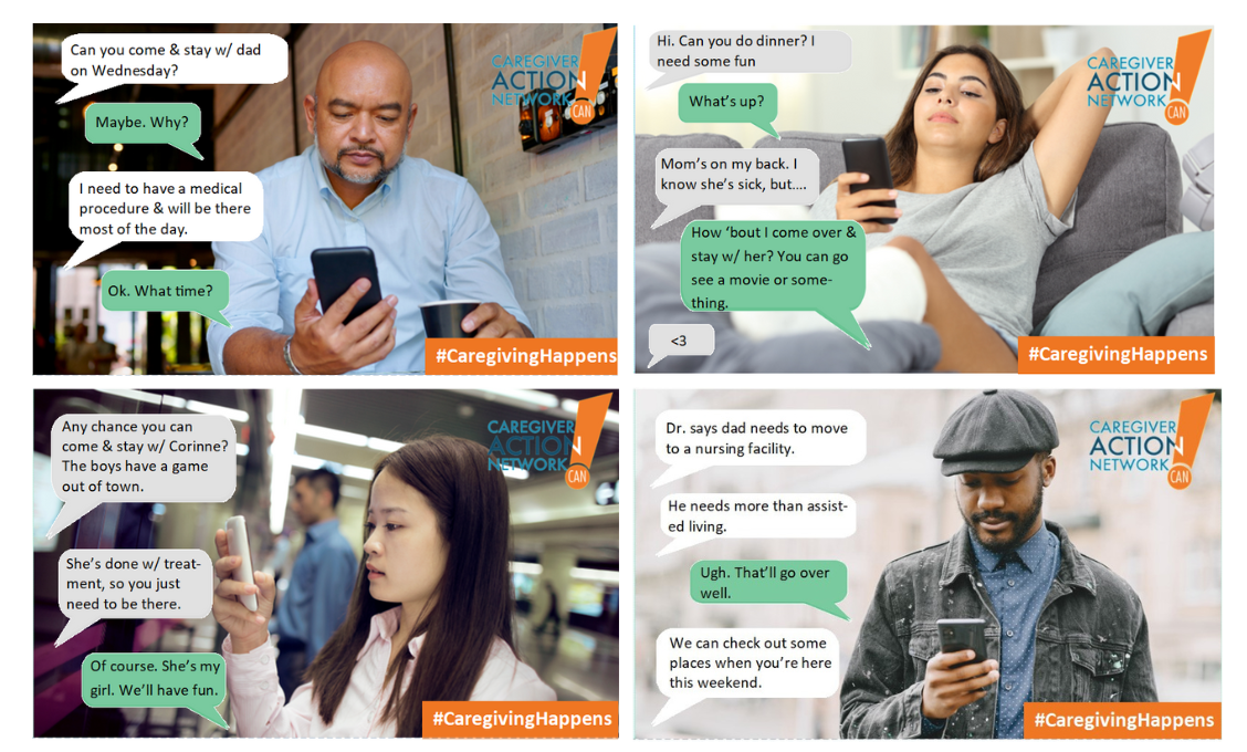 4 different scenarios showing with text bubbles that caregiving happens all the time.