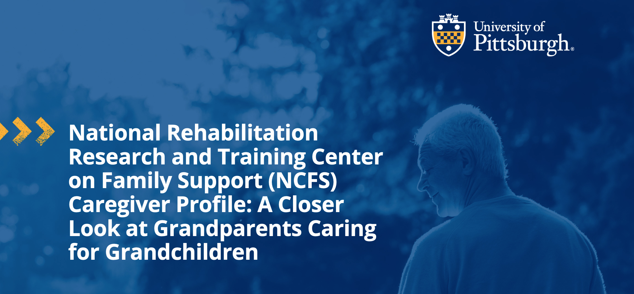 Cover of a report on a blue background with text reading: National Rehabilitation Research and Training Center on Family Support (NCFS) Caregiver Profile: A Closer Look at Grandparents Caring for Grandchildren