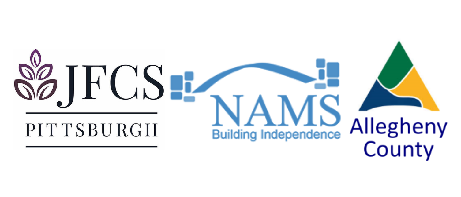 Logos of JFCS (the Jewish Family Community Services), NAMS (the Northern Area Multi Service Center) and AAA (the Allegheny County Area Agency on Aging)